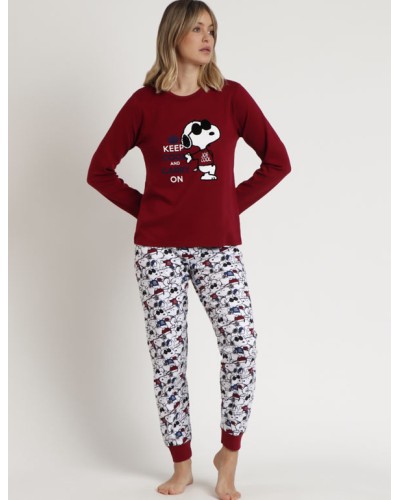 Pyjama pour femme en coton bordeaux avec un design de Snoopy