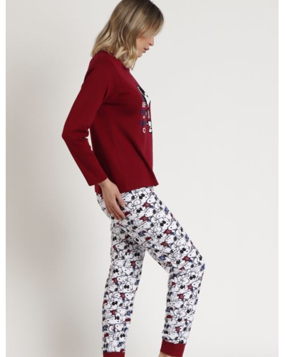 Pyjama pour femme en coton bordeaux avec un design de Snoopy