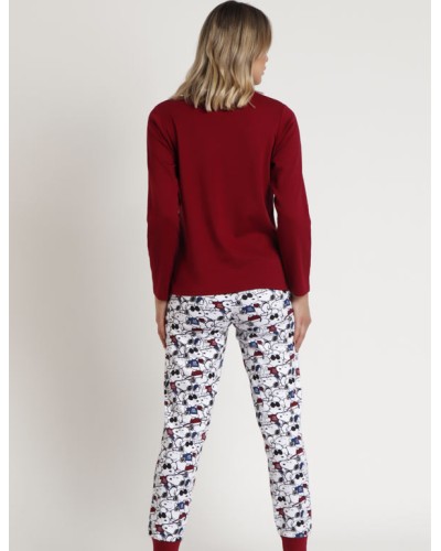 Pyjama pour femme en coton bordeaux avec un design de Snoopy